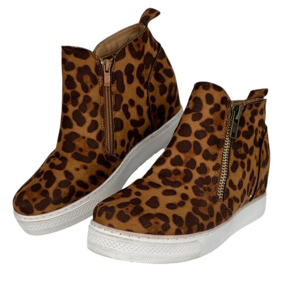 BAMBOO Shoes - BAMBOO Leopard Print Faux Suede Wedge Sneakers – Dual Zipper Women's Ankle Boots
